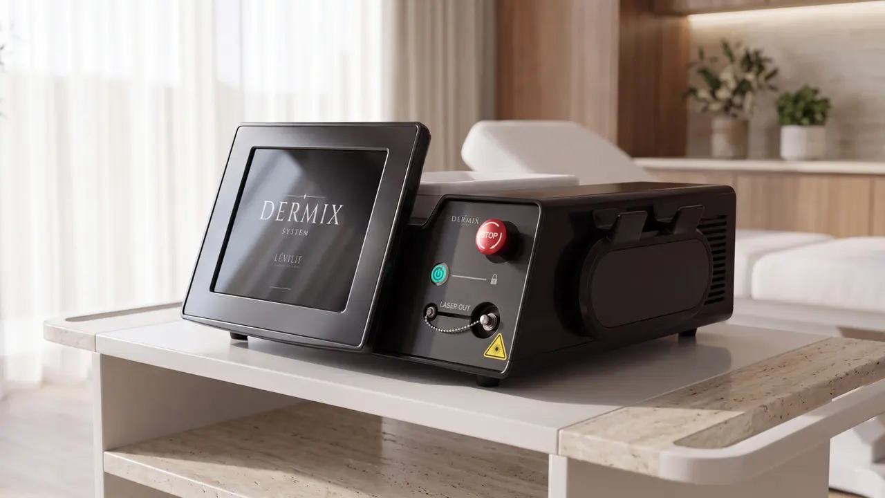 The DERMIX System LÉVILIF device on a cabinet in an aesthetic clinic room, with no people
