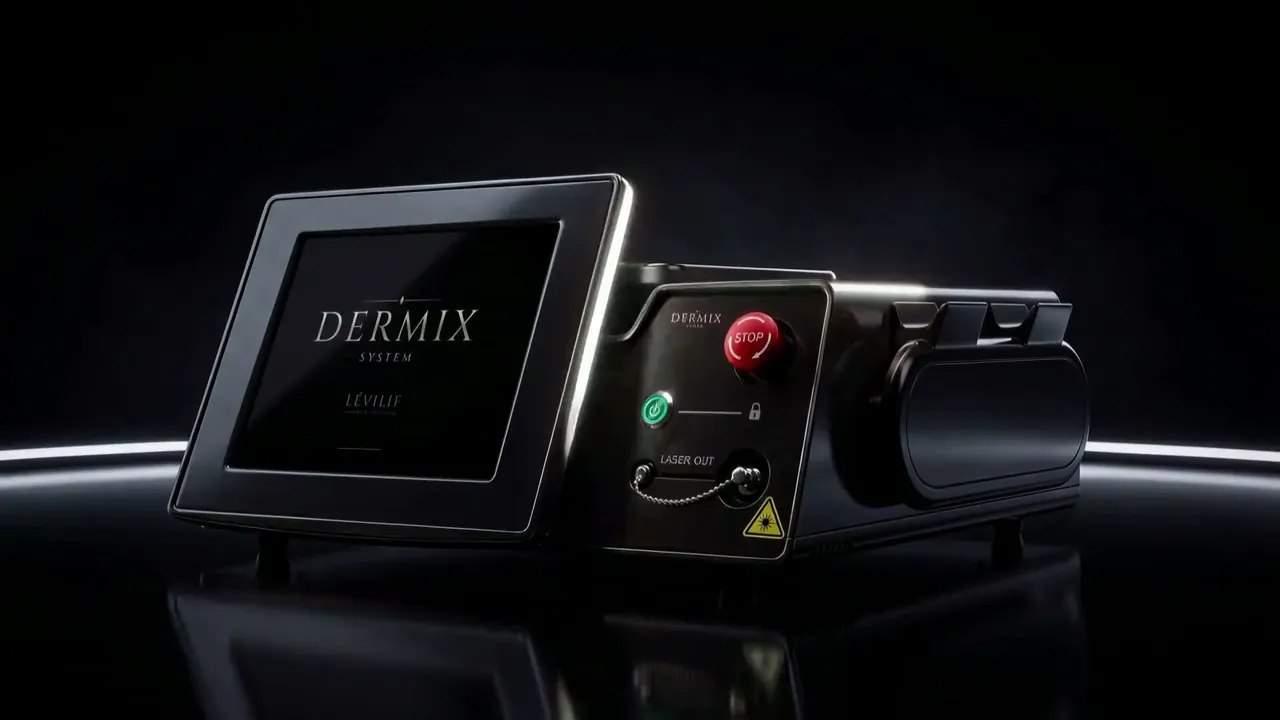 The DERMIX System LÉVILIF device on a dark stage, with the brand on the screen