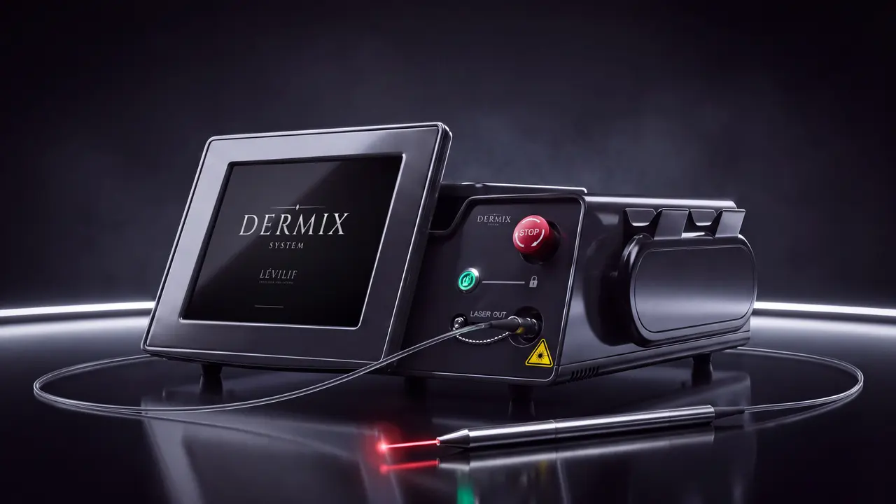 The device with the optical fiber connected and the red aiming beam on