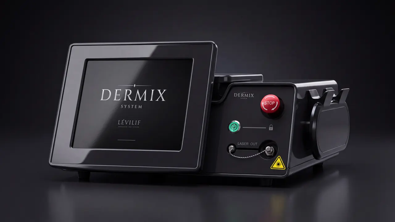 DERMIX System LÉVILIF from the front: tilted screen with the brand and control panel