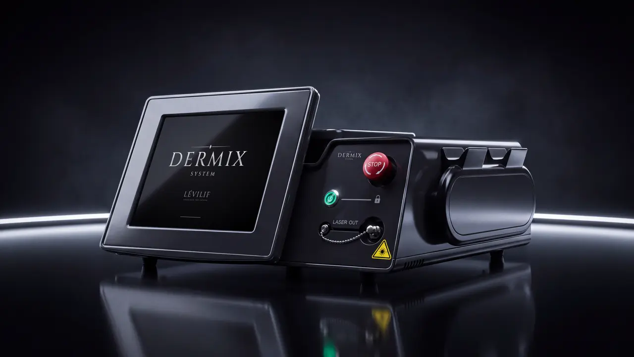 Black DERMIX System LÉVILIF laser device, three-quarter view, with the brand on the screen