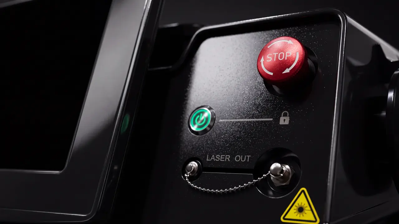 Panel close-up: STOP button, power switch with lock and LASER OUT port
